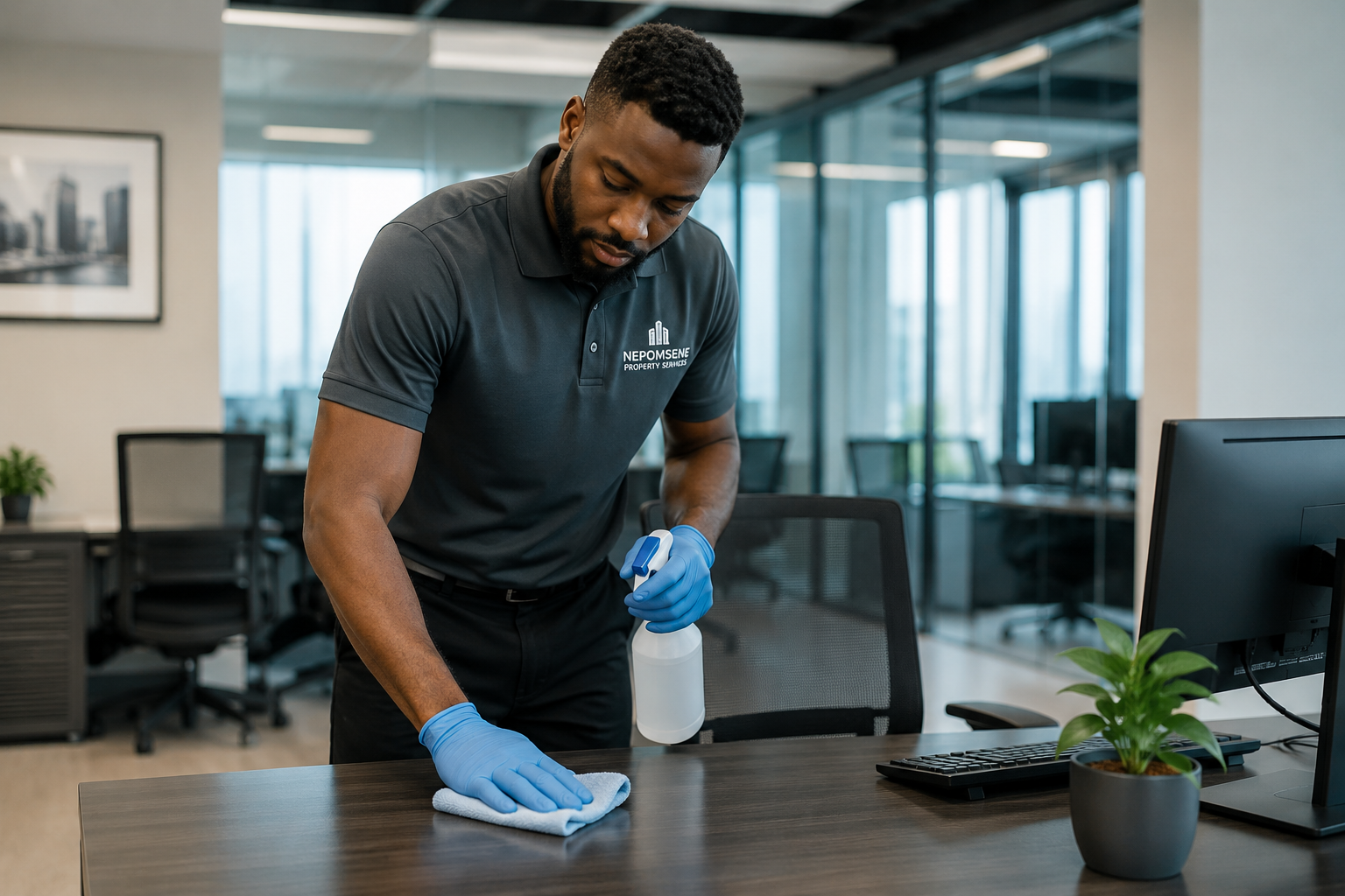 Nepomsene Property Services team member cleaning a modern office